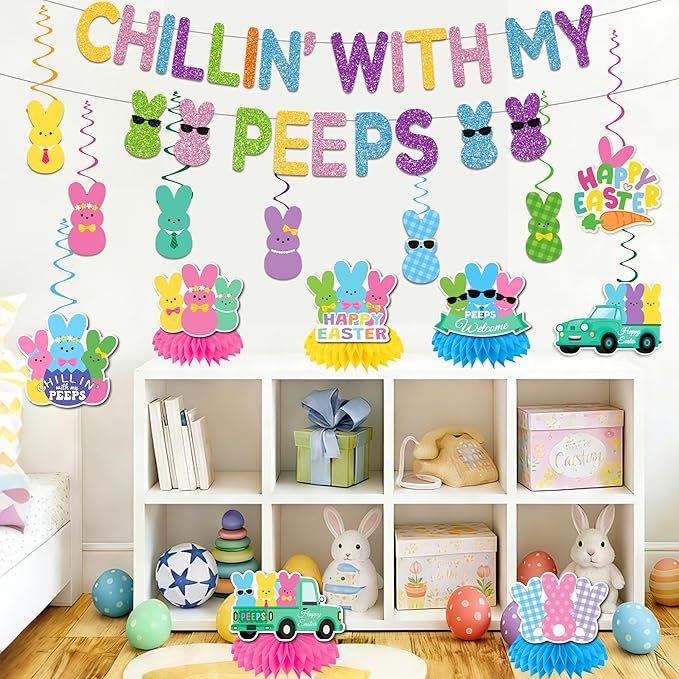 Easter Party Decorations Glitter Chillin with My Peeps Banner Swirls