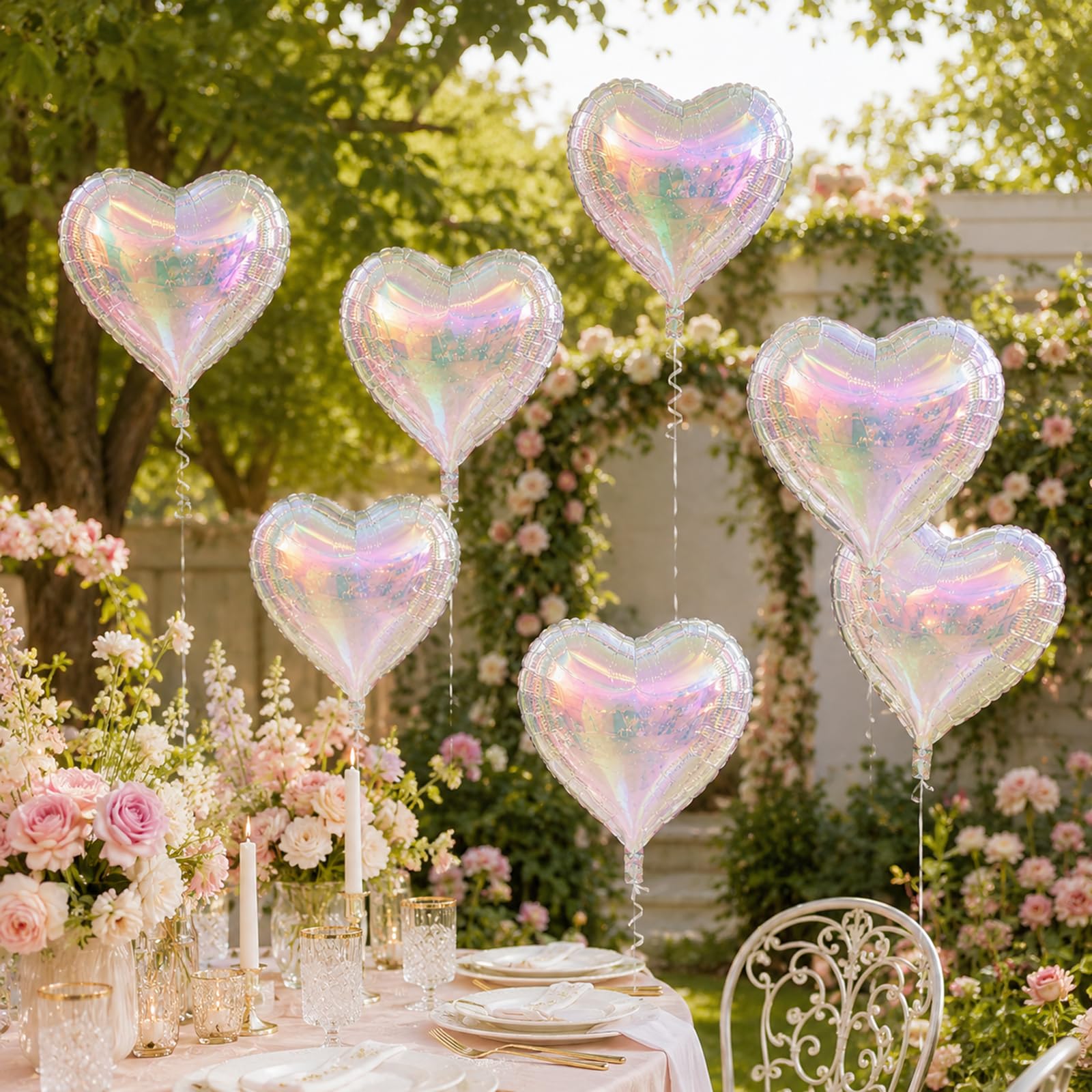 Iridescent Heart Balloons, 10 Pcs 18 Inch Transparent Holographic Foil