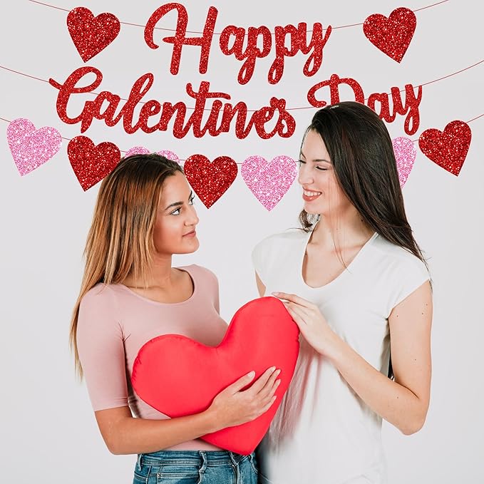 Happy Galentine's Day Banner with Red Pink Glitter Hearts for Home