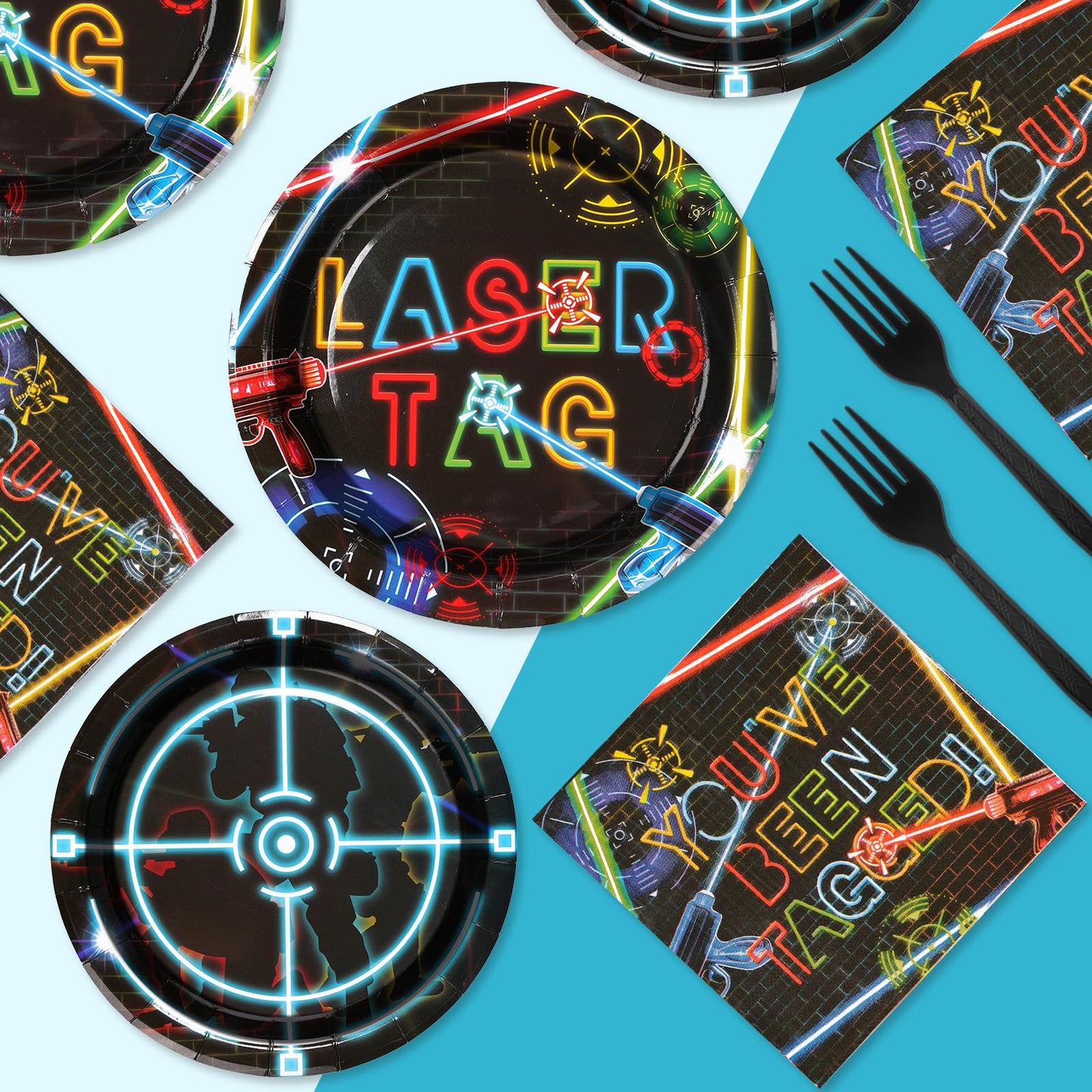 96 Pcs Laser Tag Party Supplies Disposable Glow Neon Plates Napkins