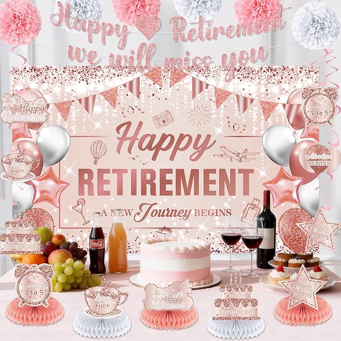 20pcs Retirement Party Decorations for Women Pink Rose Gold Happy