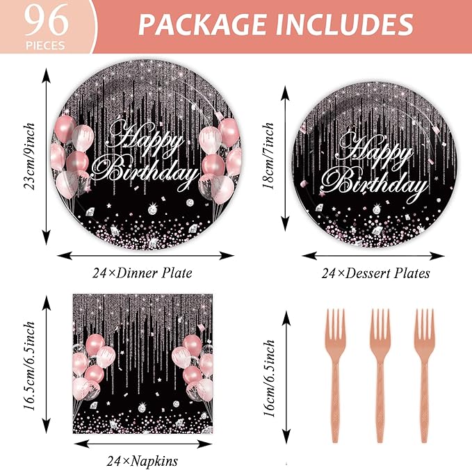 96 Pcs Black & Rose Gold Party Paper Plate and Napkins Pink Rose