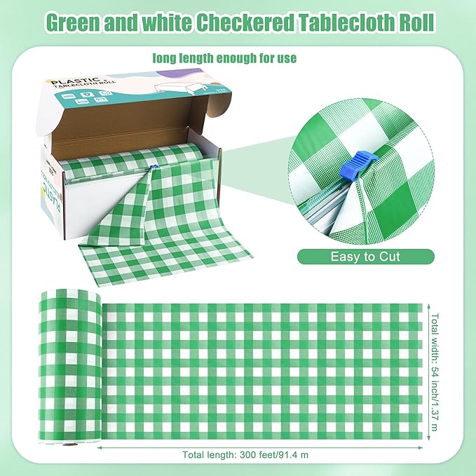 Kochorie 54 Inch x 300 Ft Light Green Checkered Plastic Table Cloth