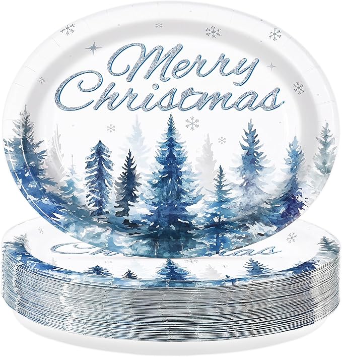 50Pcs Christmas Tree Oval Plates 10 x 12 Large Watercolor Winter