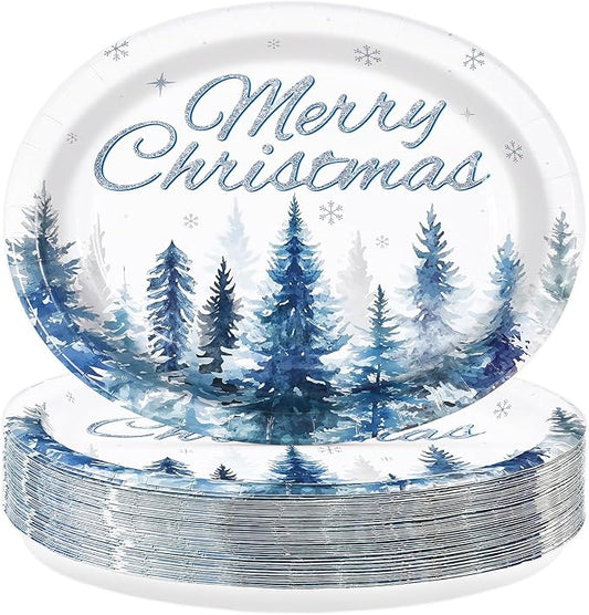 50Pcs Christmas Tree Oval Plates 10 x 12 Large Watercolor Winter