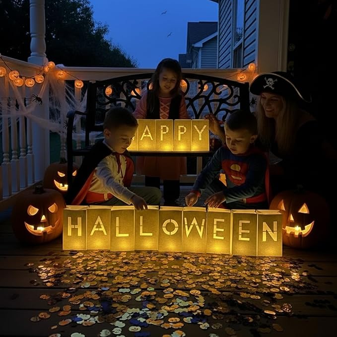 Happy Halloween Light Up Letters Luminary Bags with spooky Confetti