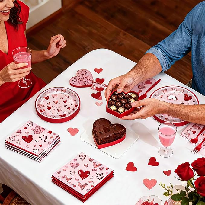 100 Pcs Valentine's Day Heart Tableware Party Supplies Set Serves 25