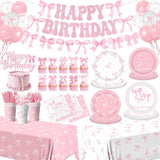 Pink Bow Birthday Party Supplies Serve 24, Coquette Birthday