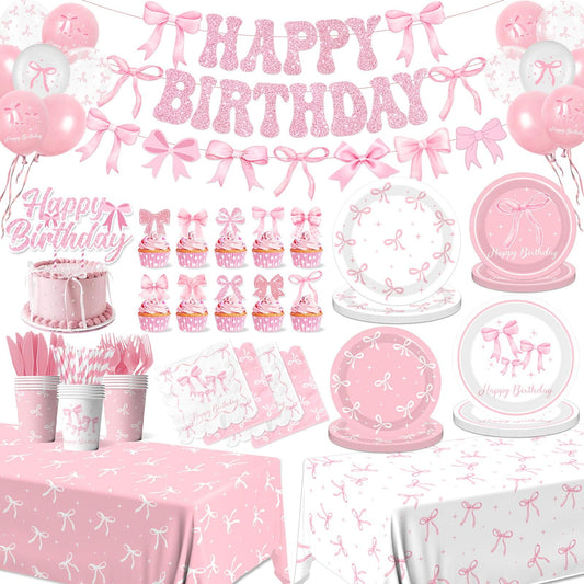 Pink Bow Birthday Party Supplies Serve 24, Coquette Birthday