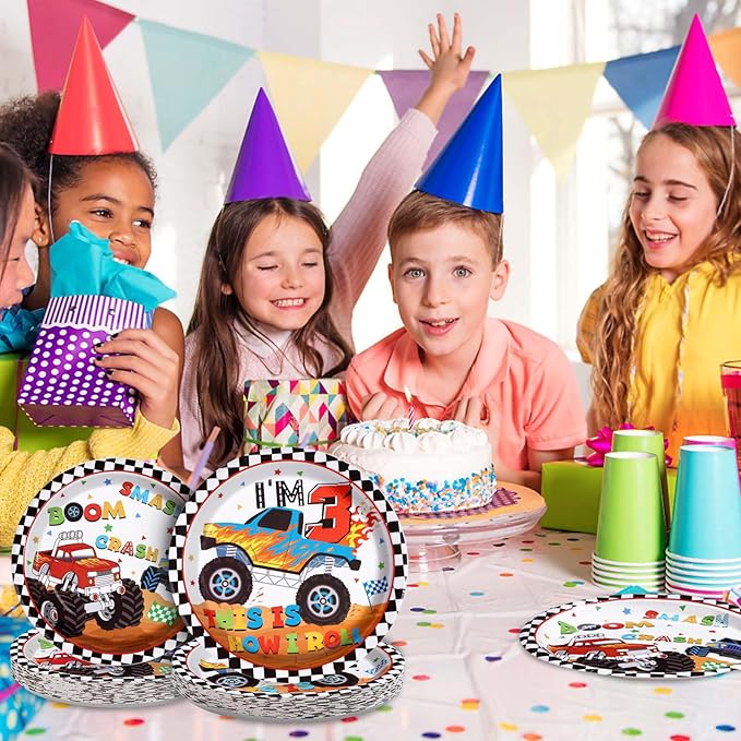 96 Pcs Monster Theme Truck 3rd Birthday Party Supplies Monster Theme