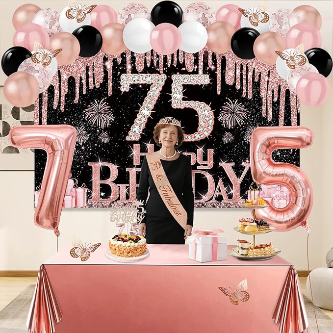 75th Birthday Decorations for Women 49pcs Black Rose Gold Black