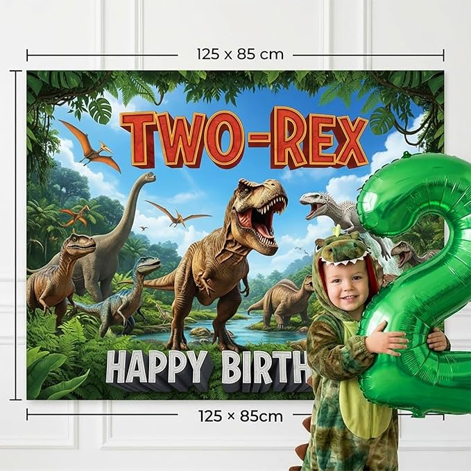 Dinosaur Two Rex Birthday Decorations include Hunter Green Brown