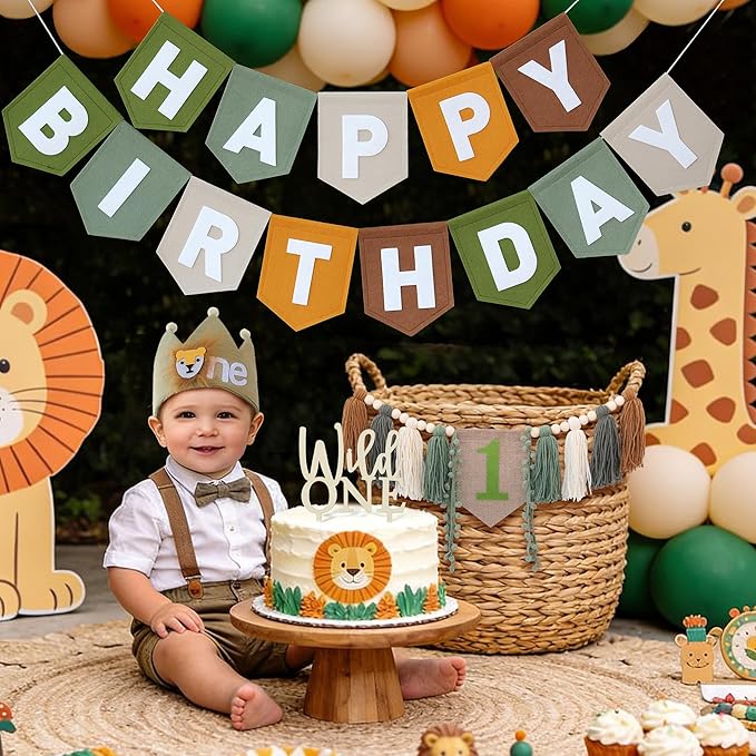 Wild One High Chair Banner Brown Green Felt Happy Birthday Banner