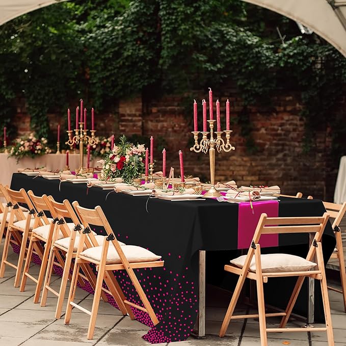 6Pcs Black Hot Pink Tablecloth Party Decorations,Plastic Black Table