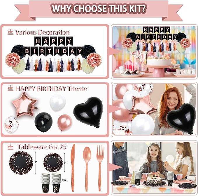 295 Pcs Black And Rose Gold Birthday Decorations Birthday