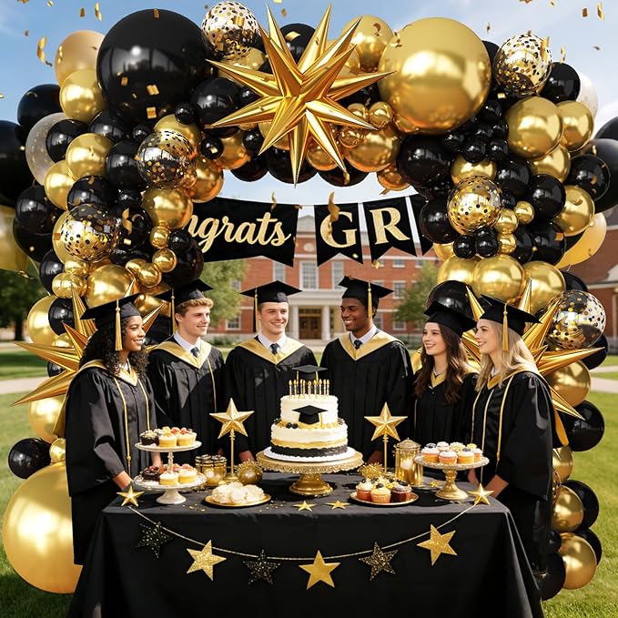 Black and Gold Balloon Garland Arch Kit for 2026 Graduation Birthday