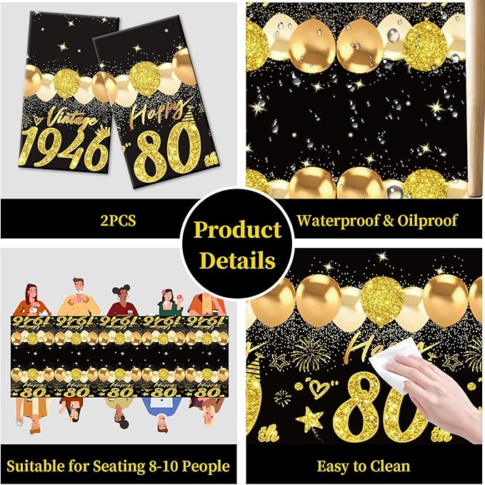 Uiorgui 2pcs 80th Birthday Tablecloth, Black Gold 80th Birthday