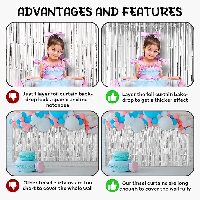 Voircoloria 2 Pack Silver Foil Fringe Backdrop Curtains, Tinsel