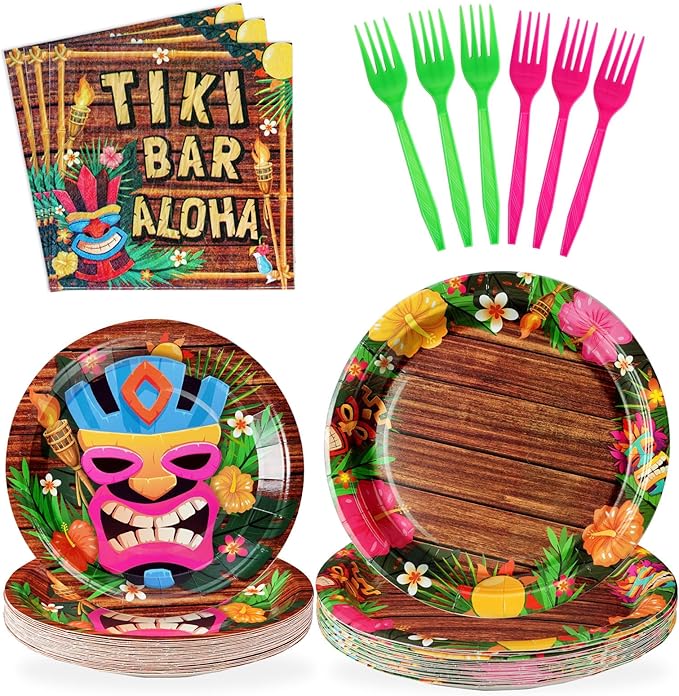 96Pcs Hawaiian Tiki Party Supplies Tiki Party Plates Disposable