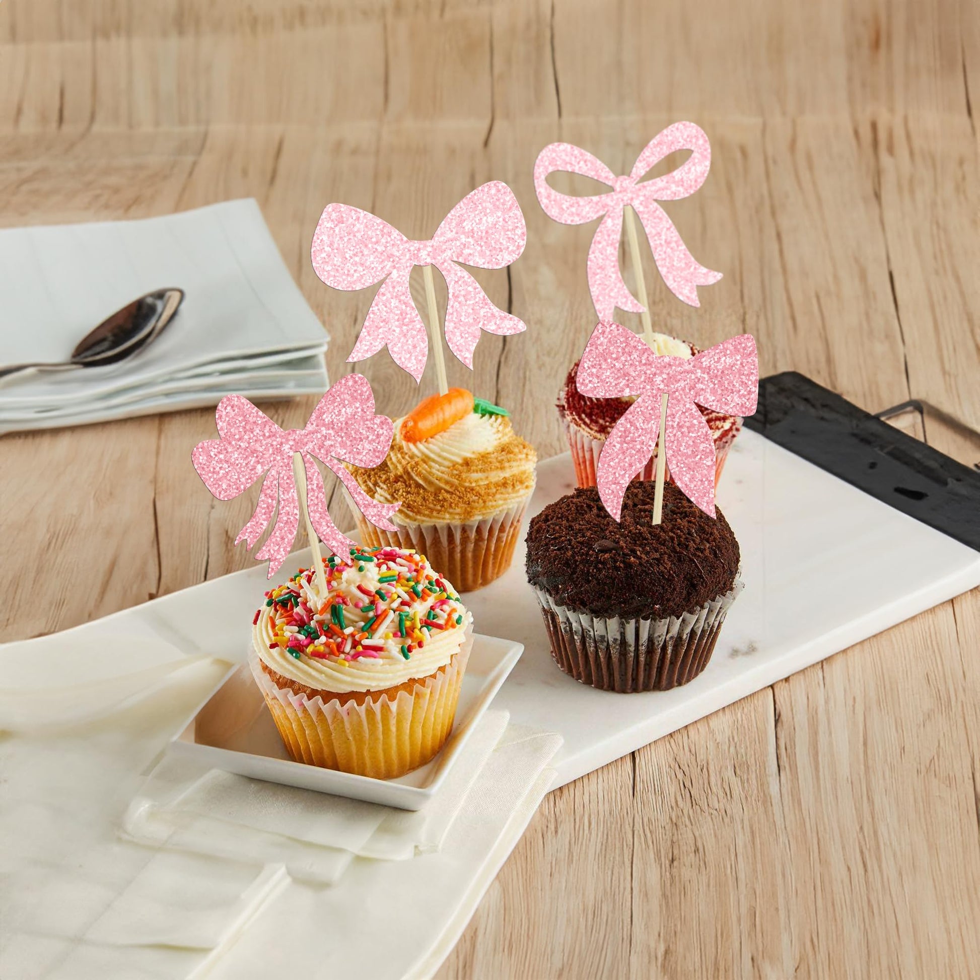 Gyufise 36Pcs Bow Cupcake Toppers Glitter Bowknot Cupcake Picks Bow