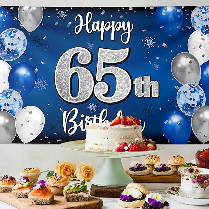 Happy 65th Birthday Decorations 65th Blue & Silver Balloon Large