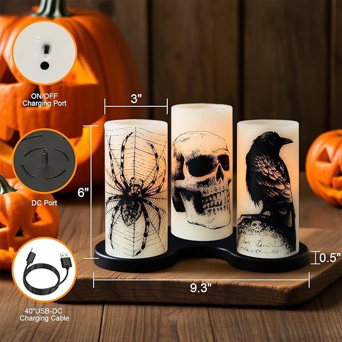 Halloween Flameless Candles with Skull Spider Web Crow Raven Decal