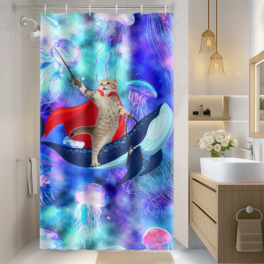Aimego Stall Small Shower Curtain - Funny Cute Cat Riding Whale on