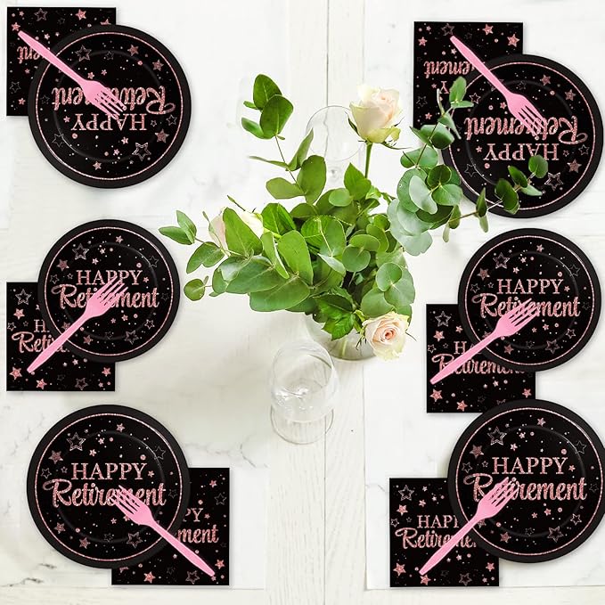 96 Pcs Retirement Party Plates Napkins Tableware Set Rose Gold Happy