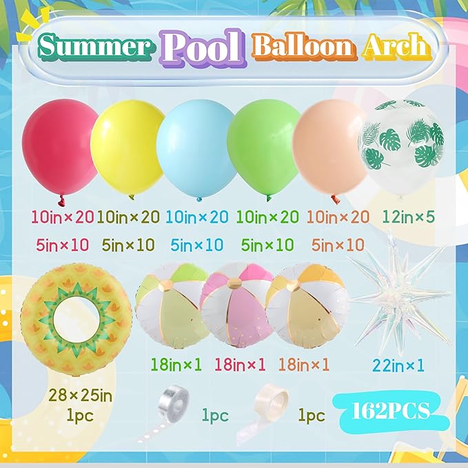 Summer Pool Party Decorations Tropical 162pcs Pastel Colorful