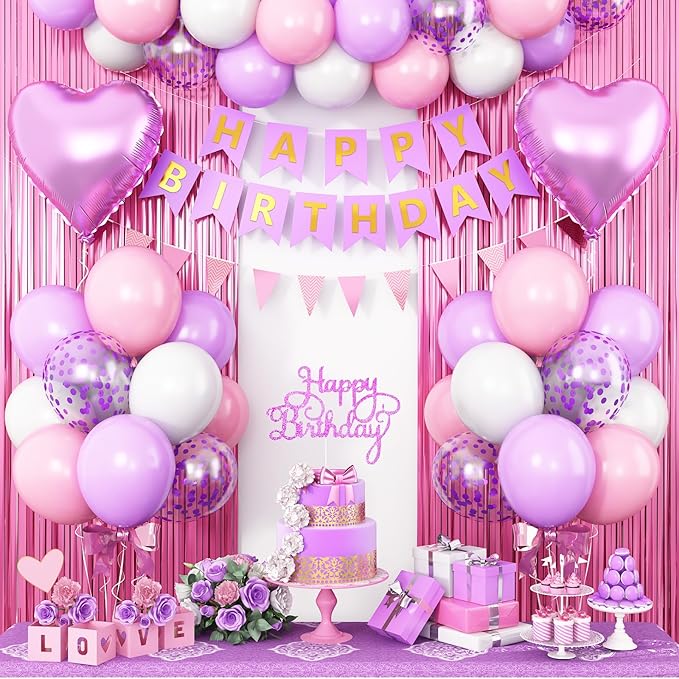 Pink Purple Birthday Decorations for Girls,Happy Birthday Party