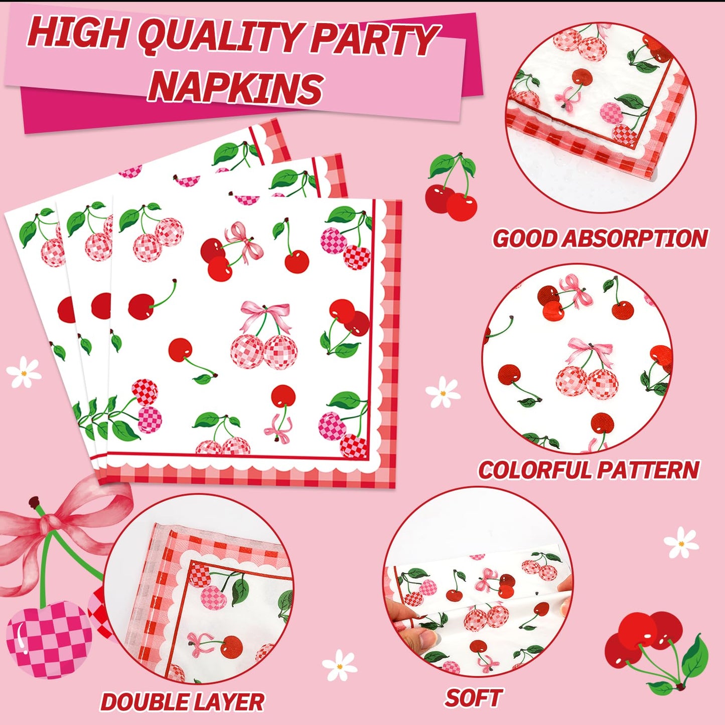 96Pcs Cherries Theme Plates and Napkins Pink Bow Cherry Birthday Party
