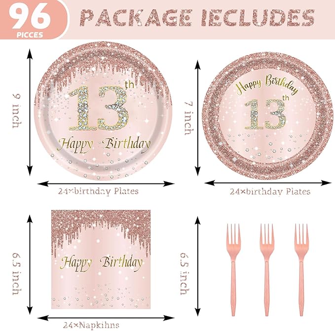 24 Sets 13th Rose Gold Birthday Party Decrations for Girls 13