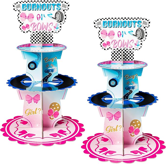 Burnout or Bow Gender Reveal Party Cupcake Stand 2Pcs 3 Tier Racing