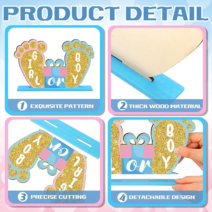 6 Pcs Baby Gender Reveal Table Wooden Decorations Blue and Pink