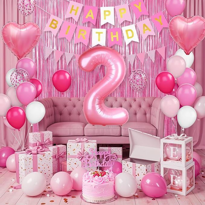2nd Birthday Decorations for Girls Hot Pink Balloons with Happy
