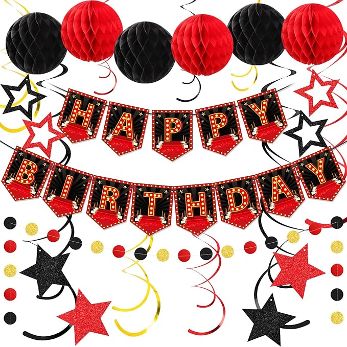 24 Pcs Movie Night Theme Happy Birthday Banner Decorations Movie