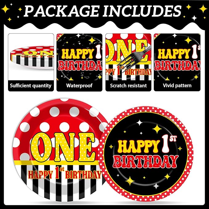 96 Pcs Mouse 1st Birthday Party Plates and Napkins Set Cartoon Mouse