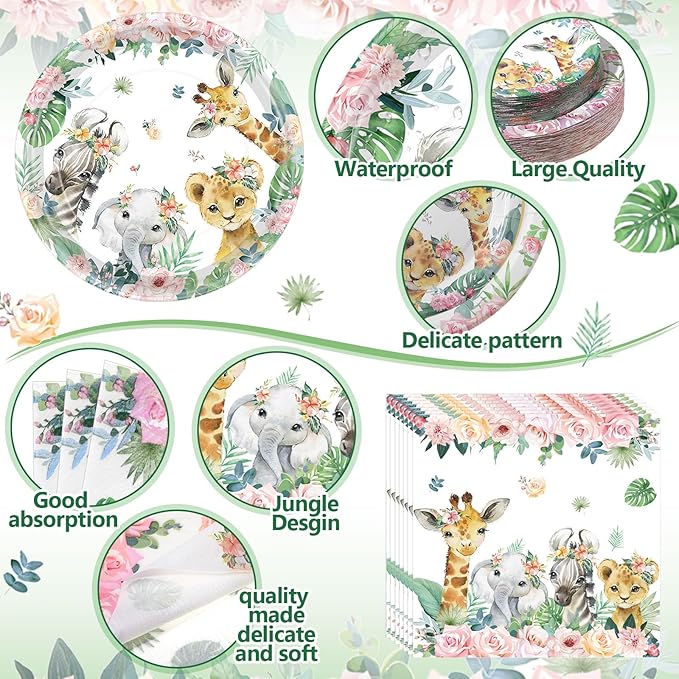 400 Pcs Safari Birthday Party Supplies Include Pink Green Jungle