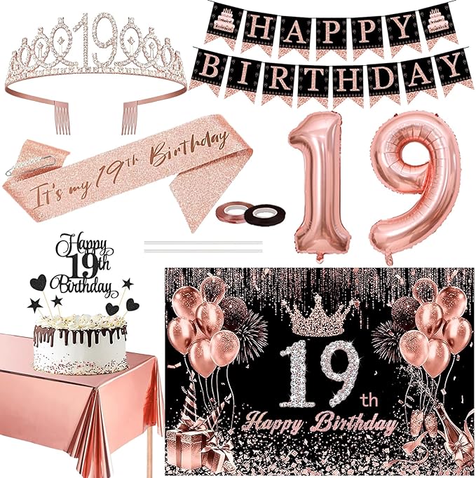 19th Birthday Decorations for Her Black Rose Gold Party Essentials
