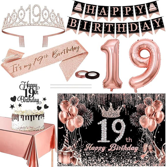 19th Birthday Decorations for Her Black Rose Gold Party Essentials