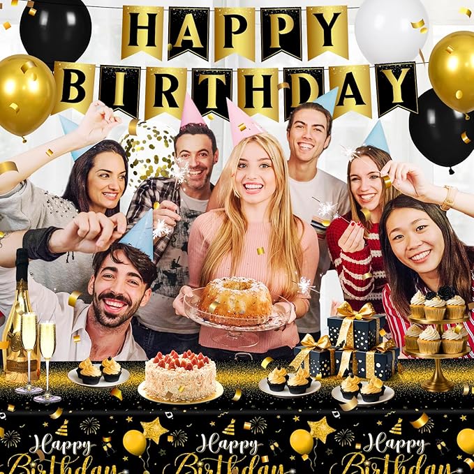Black Gold Birthday Party Decorations for Men Women 63Pcs Black and