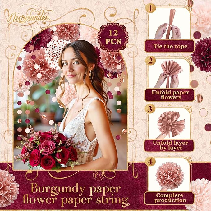 Bachelorette Party Decorations 15Pcs Burgundy Rose Gold Tissue Pom