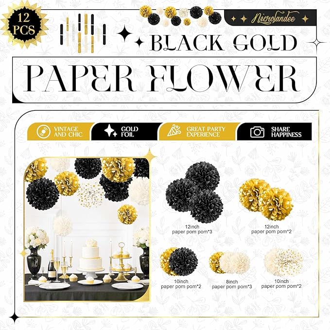 NICROLANDEE Black and Gold Party Supplies for 2026 Graduation - 12PCS