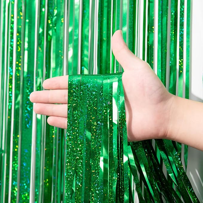 Voircoloria 3 Pack 3.3 x 8.2 ft Laser Green Foil Fringe Backdrop