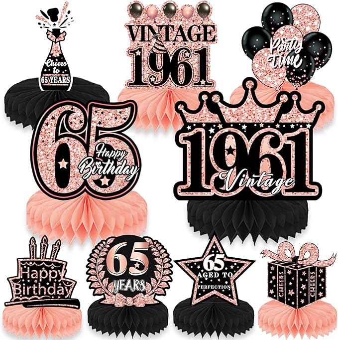 65th Birthday Decorations for Women, 9PCS Vintage Honeycomb