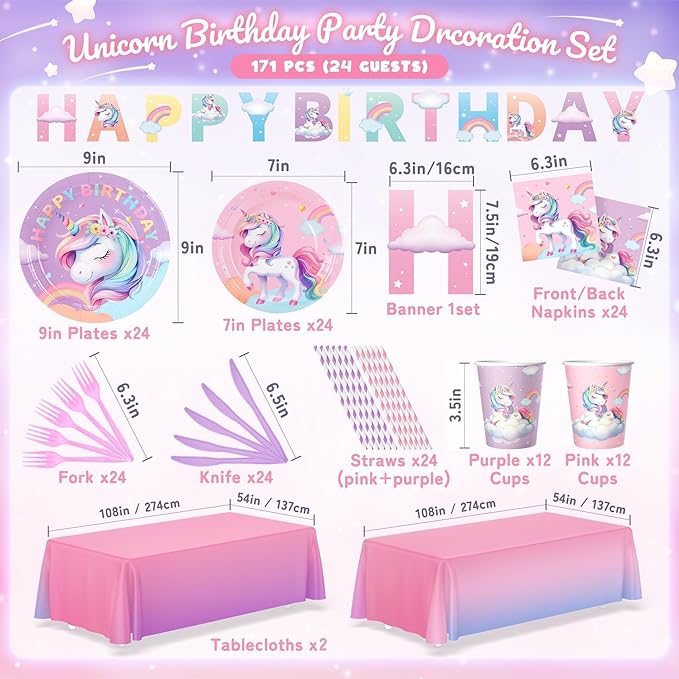 171Pcs Unicorn Birthday Party Decorations with Unicorn Rainbow
