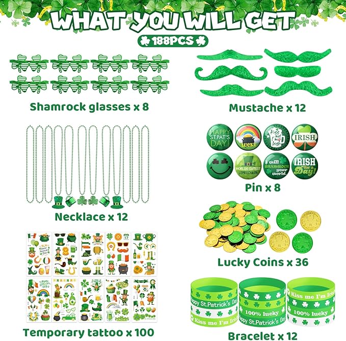 188Pcs St Patrick's Day Accessories Party Favor Set Necklaces