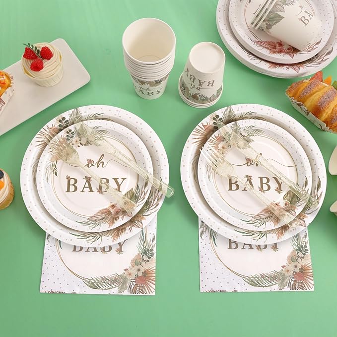 350 Pcs Boho Baby Shower Decorations for Girl, Baby Shower Plates and