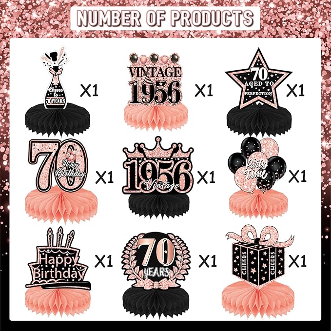 70th Birthday Decorations for Women - 9pcs Rose Gold 70 Years 1956