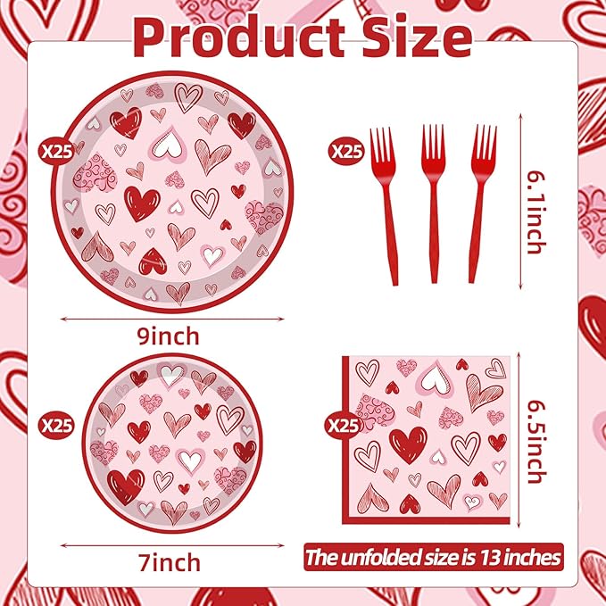 100 Pcs Valentine's Day Heart Tableware Party Supplies Set Serves 25